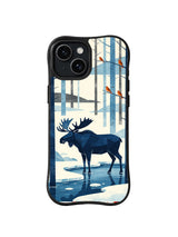 Frozen River Moose pattern on a black iPhone 13 case with an indigo moose, pale ice, slender trees and orange birds