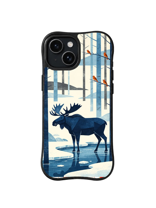 Frozen River Moose pattern on a black iPhone 13 case with an indigo moose, pale ice, slender trees and orange birds