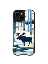Indigo Ice Sentinel pattern on a black iPhone 13 case with a moose beside layered ice, charcoal trees and small orange birds