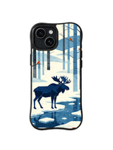 Winter Mist Crossing pattern on a black iPhone 13 case with a dark moose, icy river shapes, pale hills and winter birds