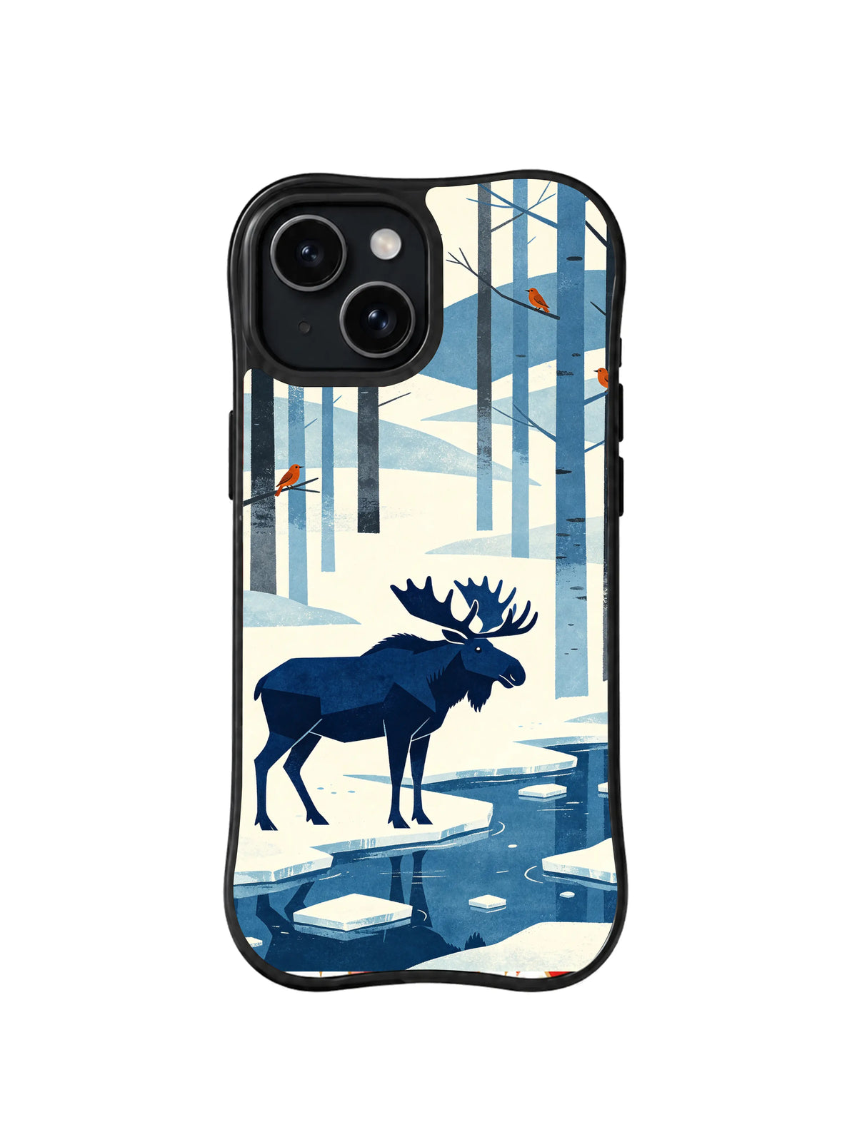 Winter Mist Crossing pattern on a black iPhone 13 case with a dark moose, icy river shapes, pale hills and winter birds