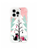 Black cat guarding wrapped gifts beneath a white paper-star fir on an iPhone 15 Pro case