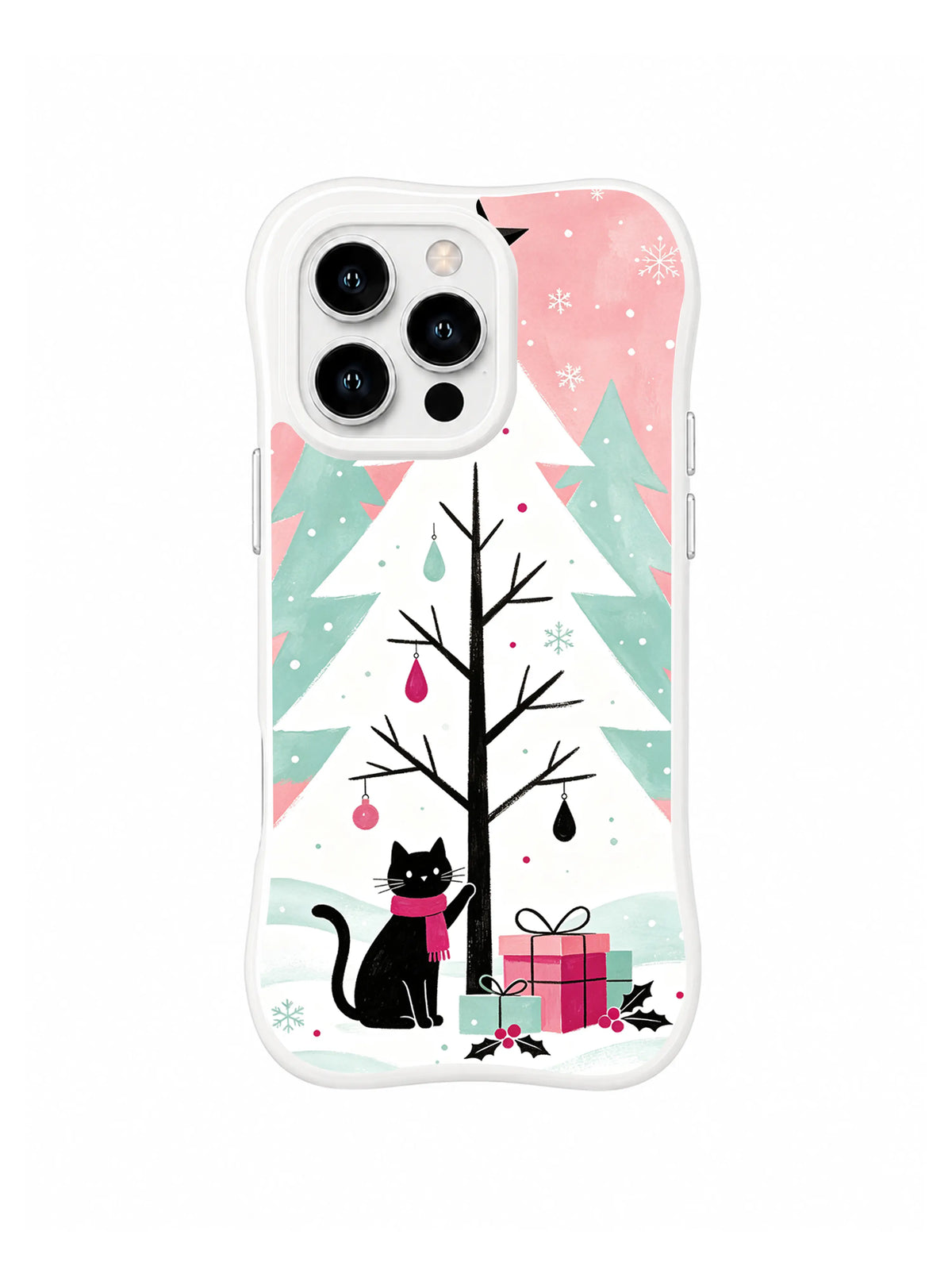 Black cat guarding wrapped gifts beneath a white paper-star fir on an iPhone 15 Pro case