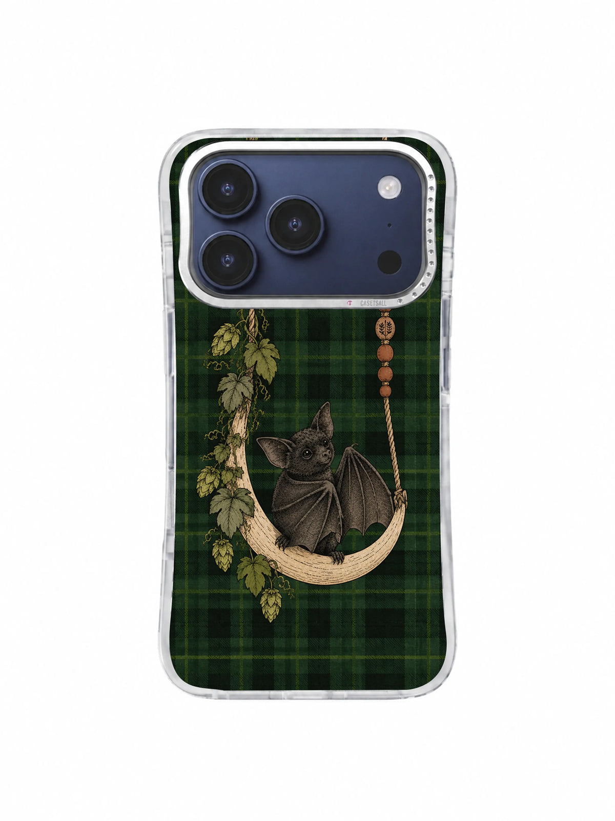 Quiet Seats on the Moon Swing bat and hop vine iPhone 17 Pro case, pattern two