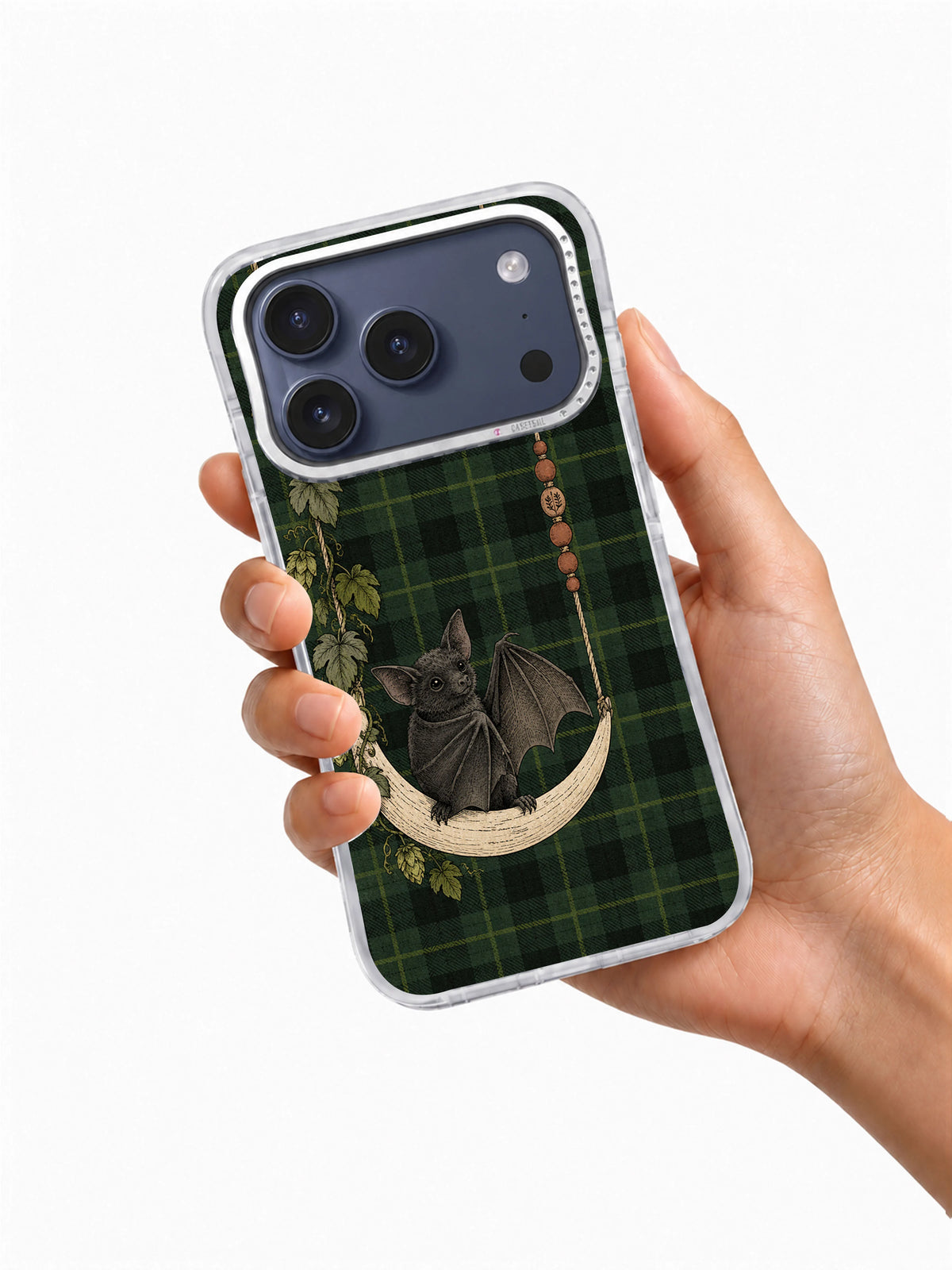 Quiet Seats on the Moon Swing iPhone 17 Pro case held in hand