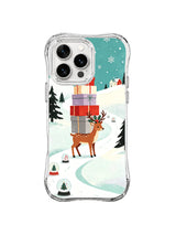 Quiet village delivery reindeer artwork on an iPhone 15 Pro case with wrapped gifts, snow globes and a winding path