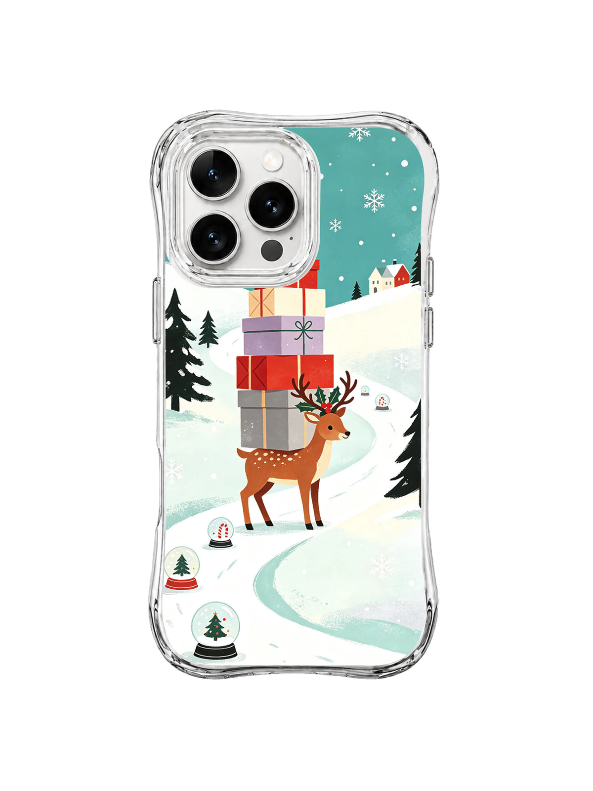 Quiet village delivery reindeer artwork on an iPhone 15 Pro case with wrapped gifts, snow globes and a winding path