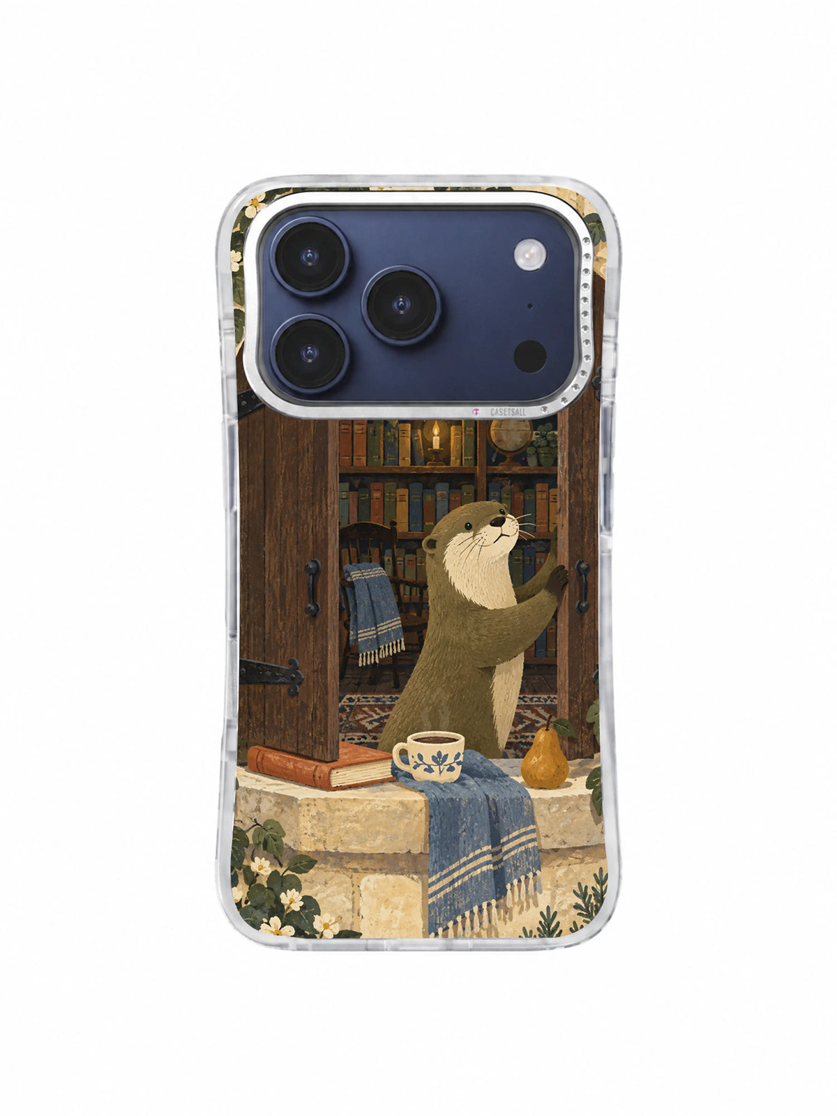 Olive green otter closing the left wooden shutter at an arched library window on an iPhone 17 Pro case