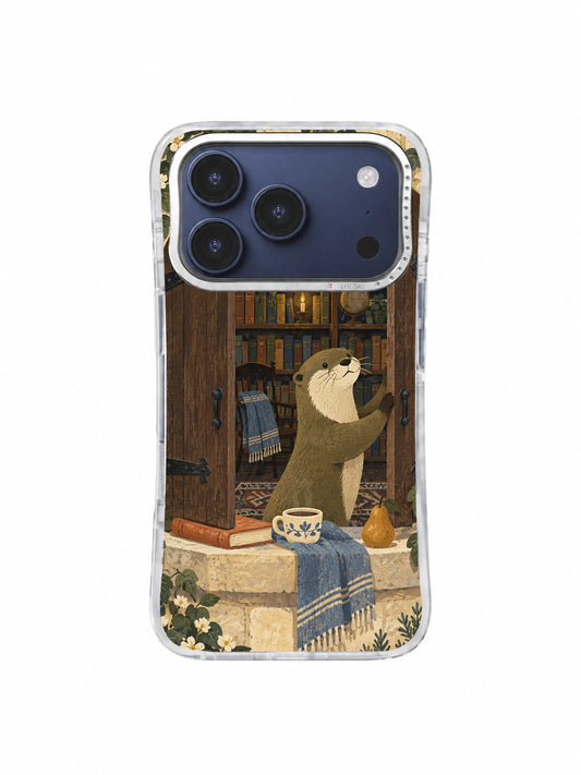 Olive green otter closing the left wooden shutter at an arched library window on an iPhone 17 Pro case