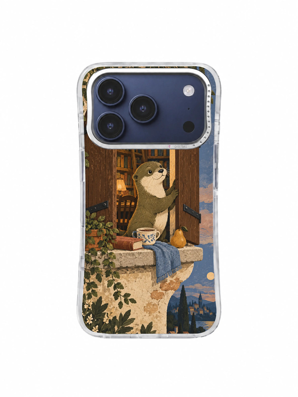 Olive green otter pausing at the last navy gap between closing library shutters on an iPhone 17 Pro case