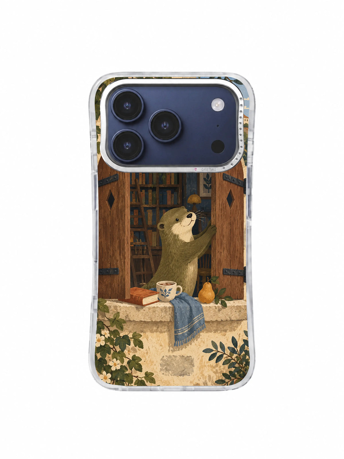 Otter at a wooden window with an ochre pear, cream cup and dusty blue cloth on an iPhone 17 Pro case