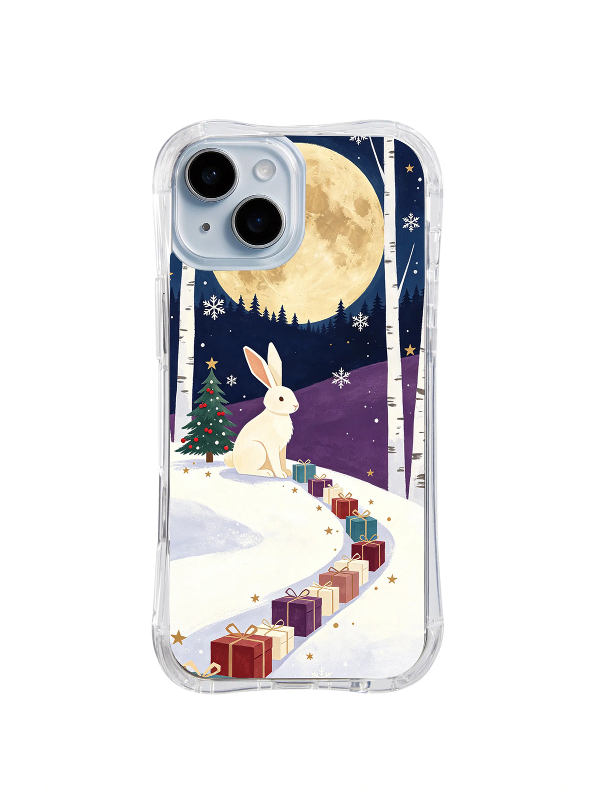 Moonlit Gift Path white rabbit artwork on an iPhone 14 case