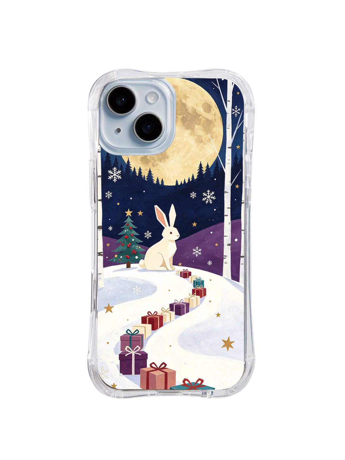 Golden Christmas Moon rabbit and pine artwork on an iPhone 14 case