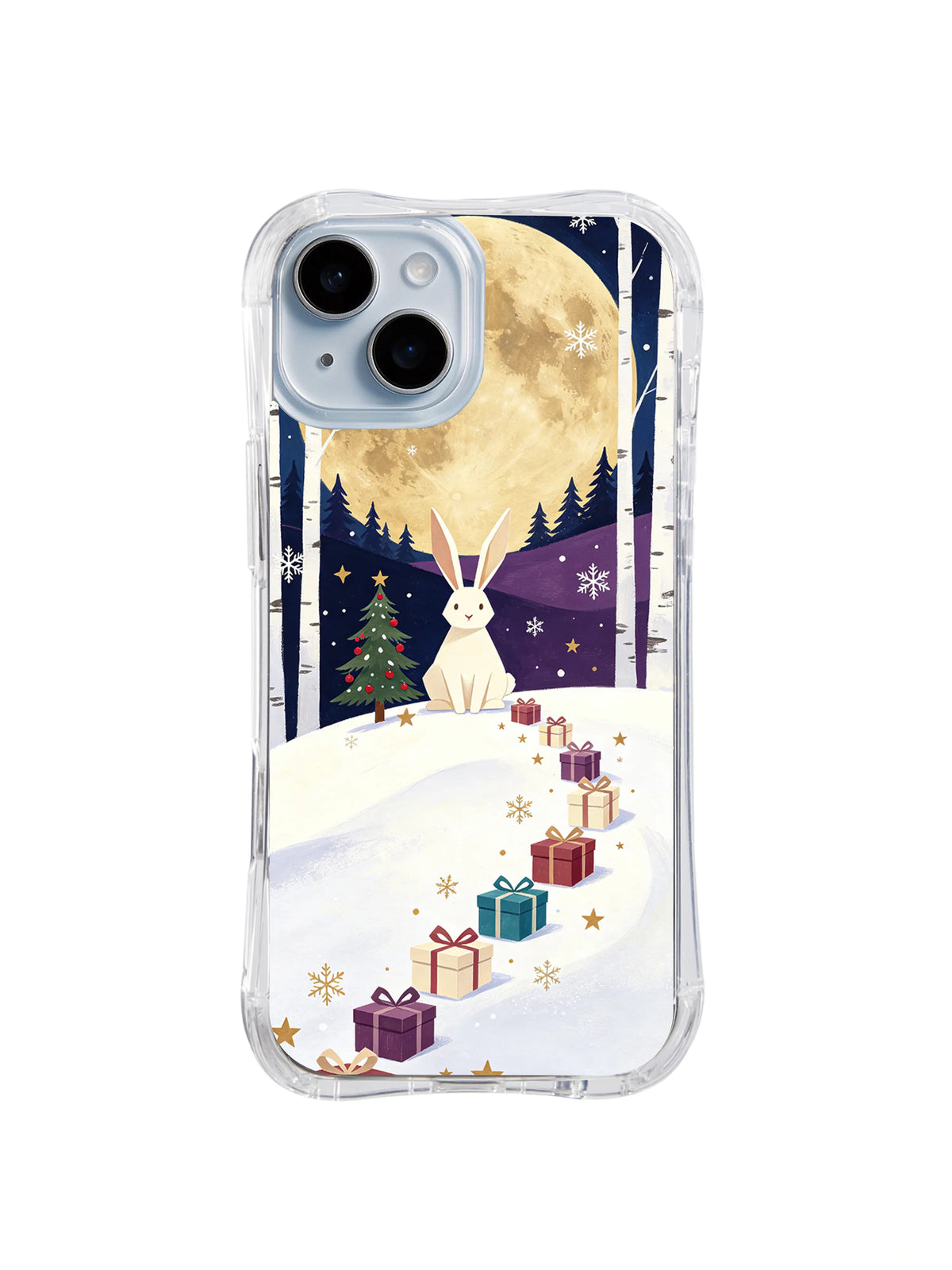 Quiet Moonlit Wishes Christmas rabbit artwork on an iPhone 14 case