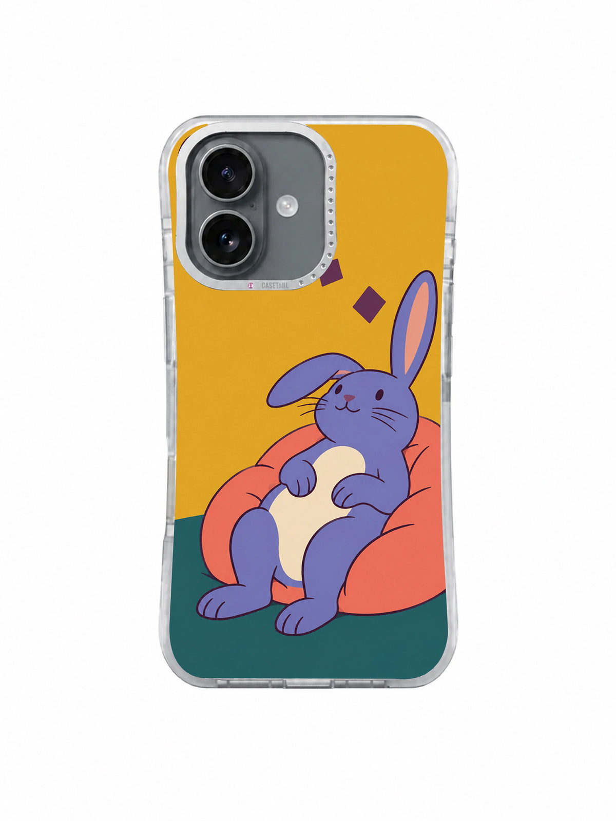 Front view of Rabbit Takes a Long Pause artwork on a black iPhone 17 case