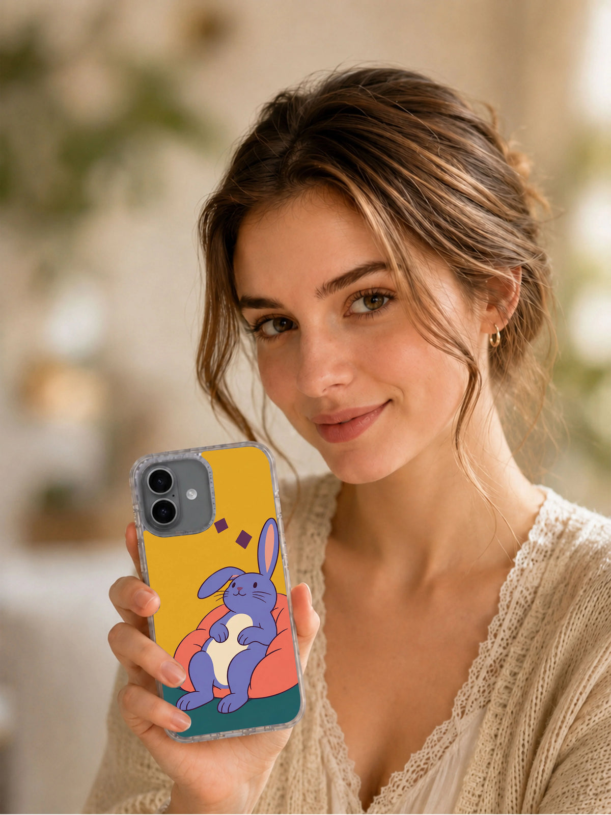 Lifestyle portrait holding the Rabbit Takes a Long Pause illustrated iPhone case