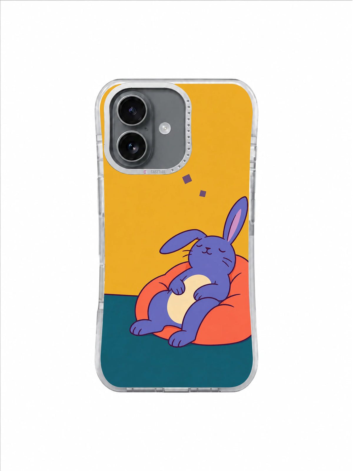 Calm rabbit beneath a tiny blank clock and drifting plum tiles on ochre