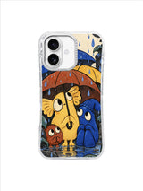 Brick-red and blue umbrellas frame three quiet rain-watching characters