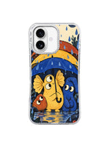 Front view of The Rain Hush Keepers iPhone 17 case with blue and yellow umbrella art