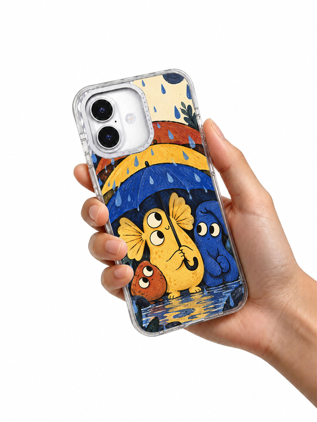 Hand holding The Rain Hush Keepers illustrated iPhone 17 case