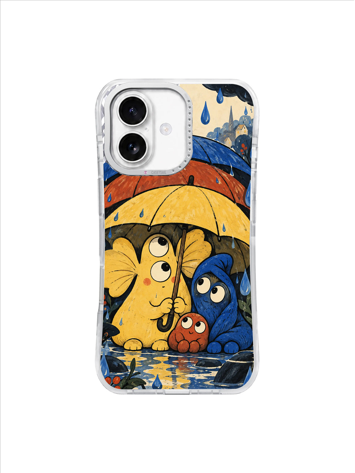 Yellow umbrella and friendly creatures pause beside a patterned rain puddle