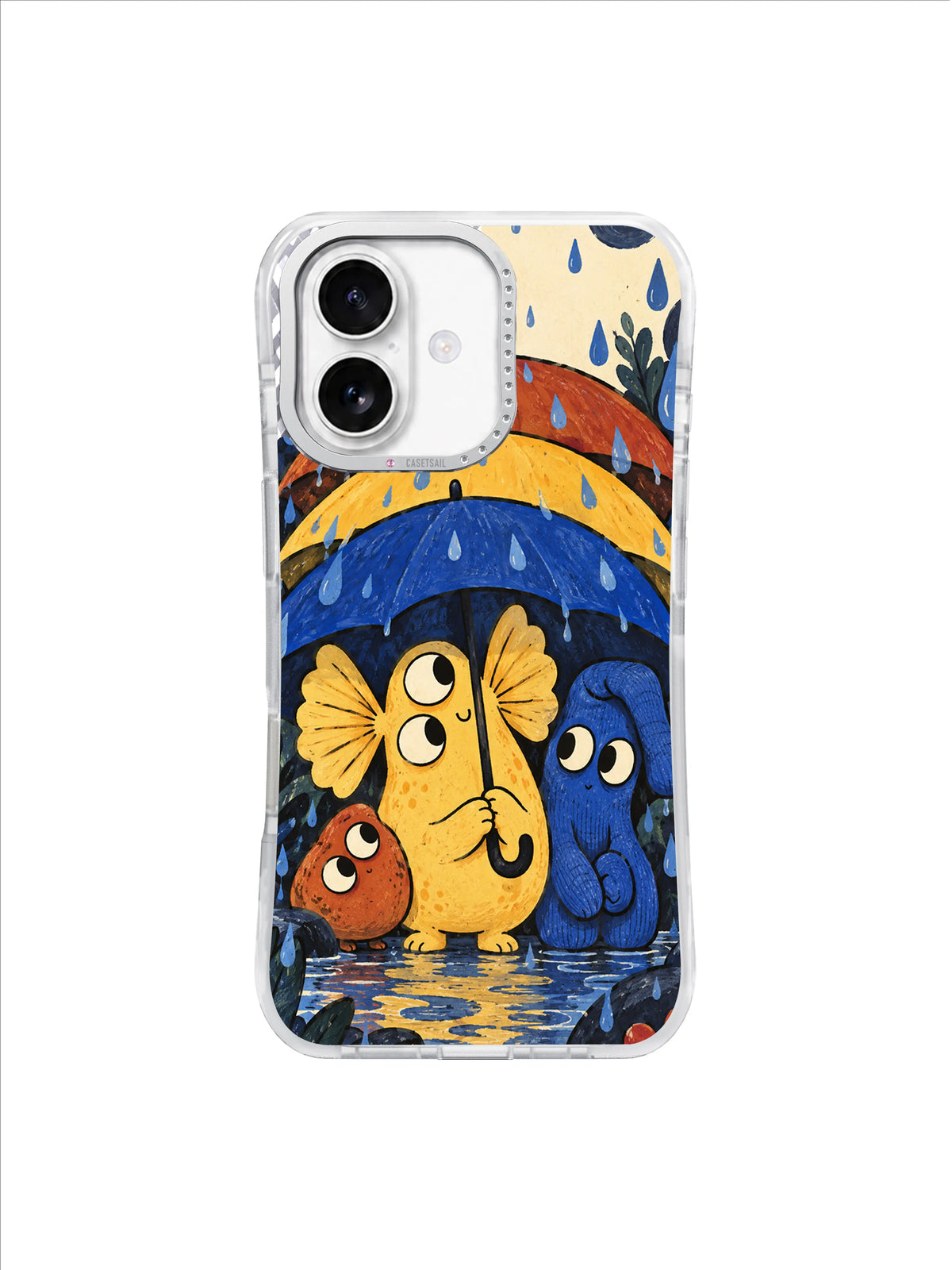 Yellow fan-eared character and friends shelter beneath blue and yellow umbrellas on a white iPhone 17 case