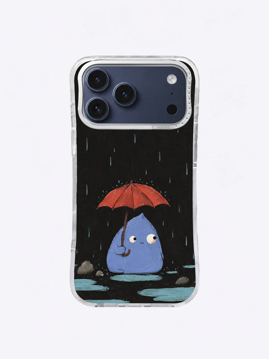 Periwinkle-blue rain keeper beneath a red umbrella