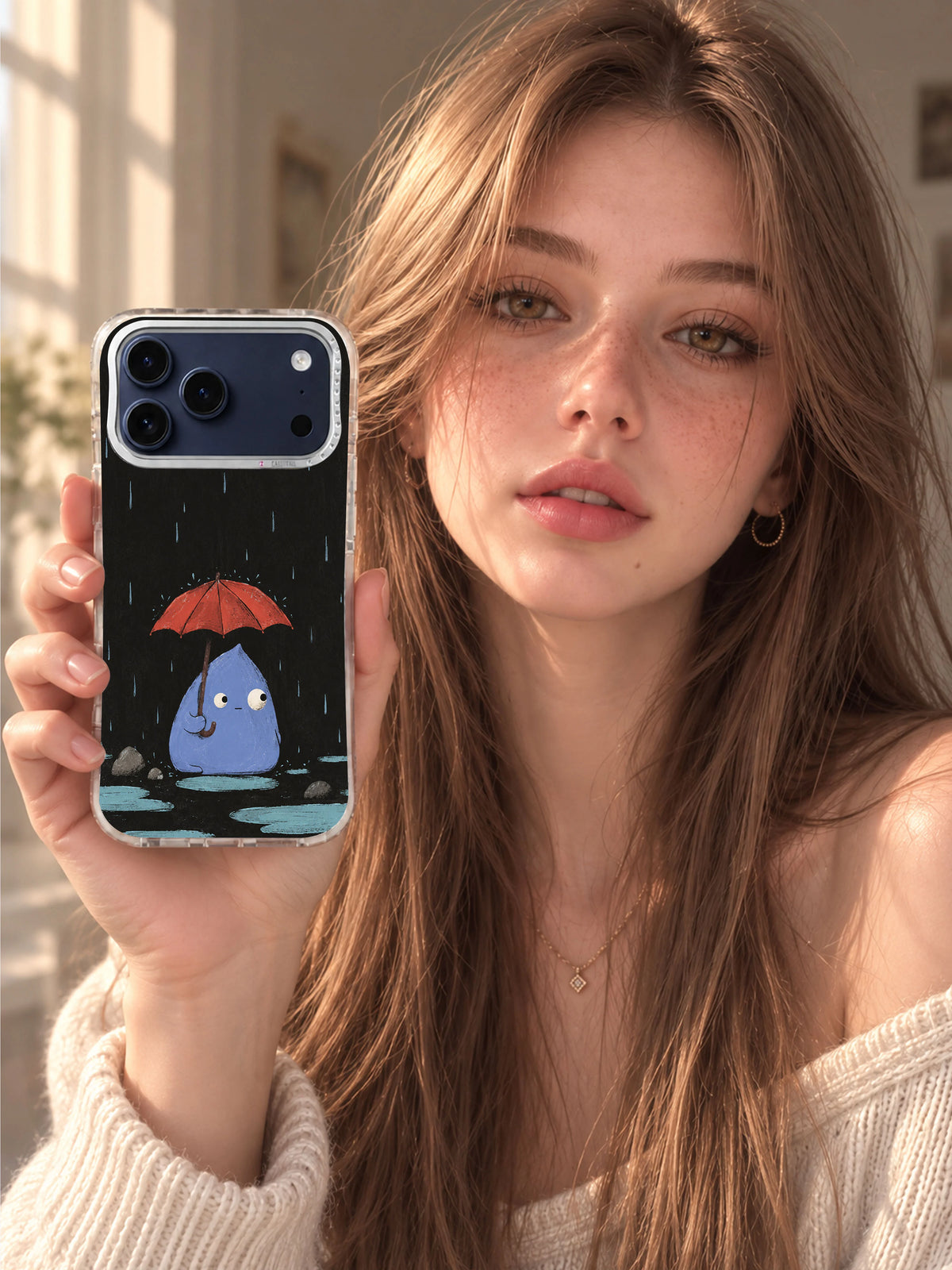 Lifestyle view of the red umbrella rain keeper phone case