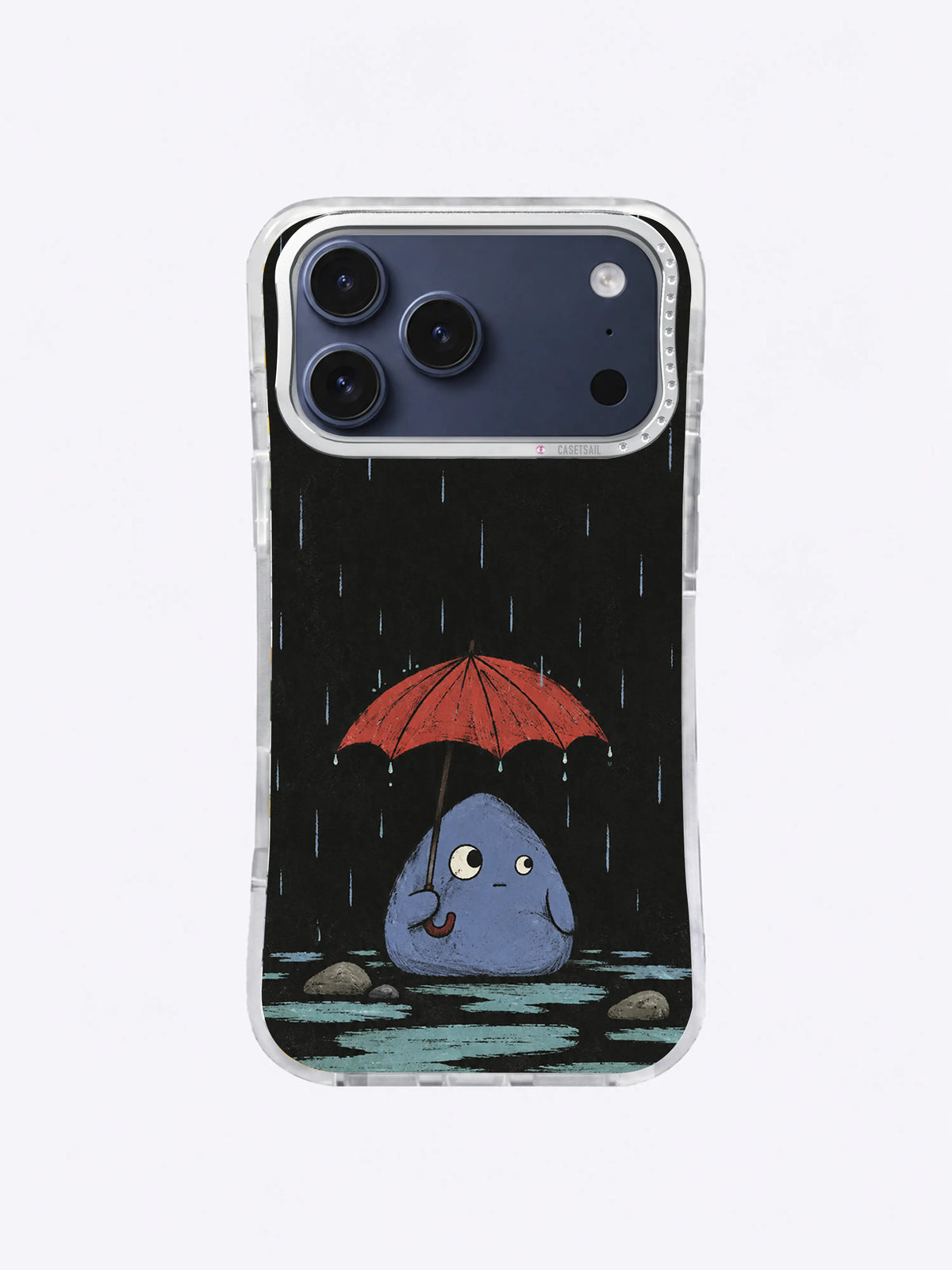 Quiet blue creature sheltering under a red umbrella in rain