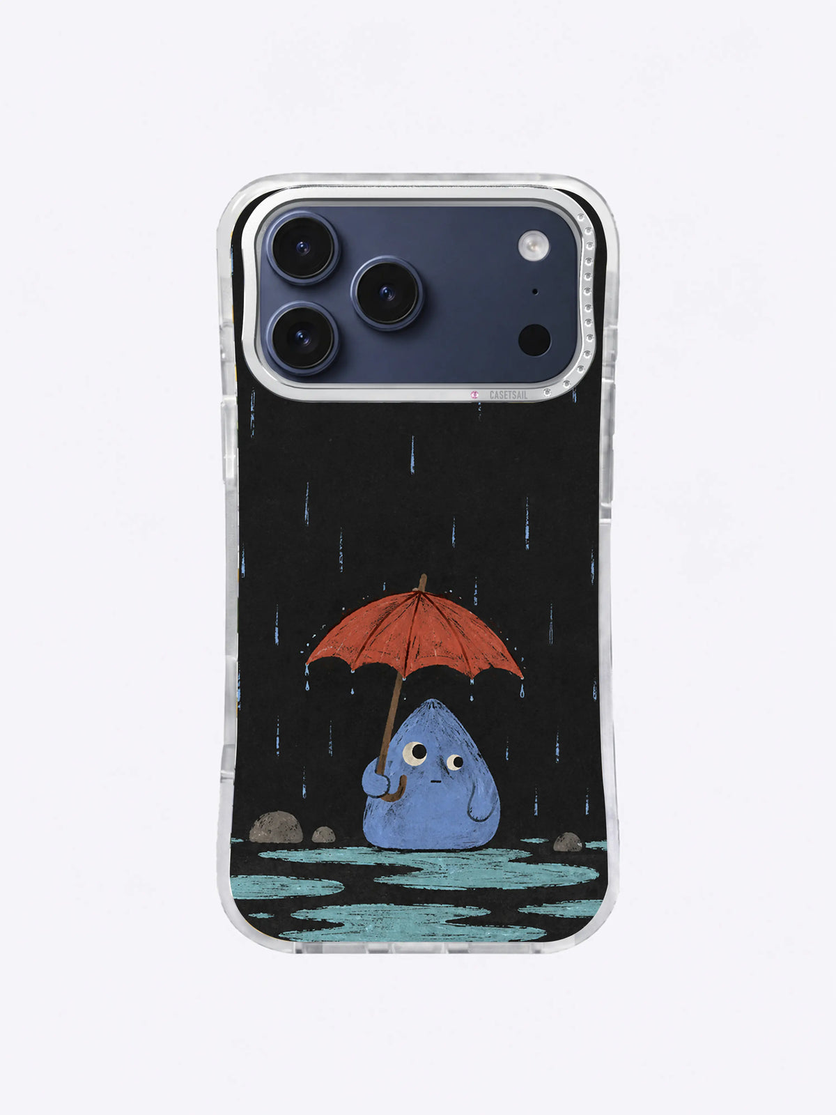 Blue droplet character holding a crooked tomato-red umbrella