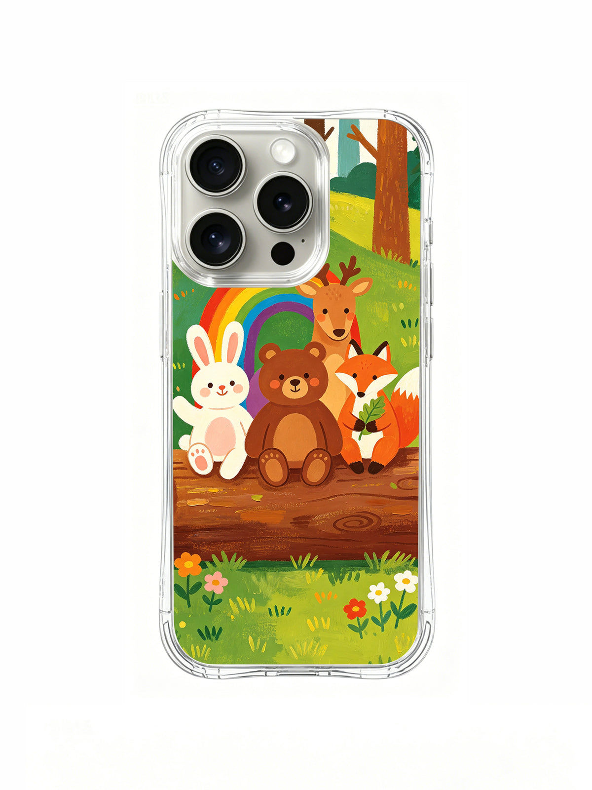 Colorful woodland animal art shown on iPhone 14 Pro Max case