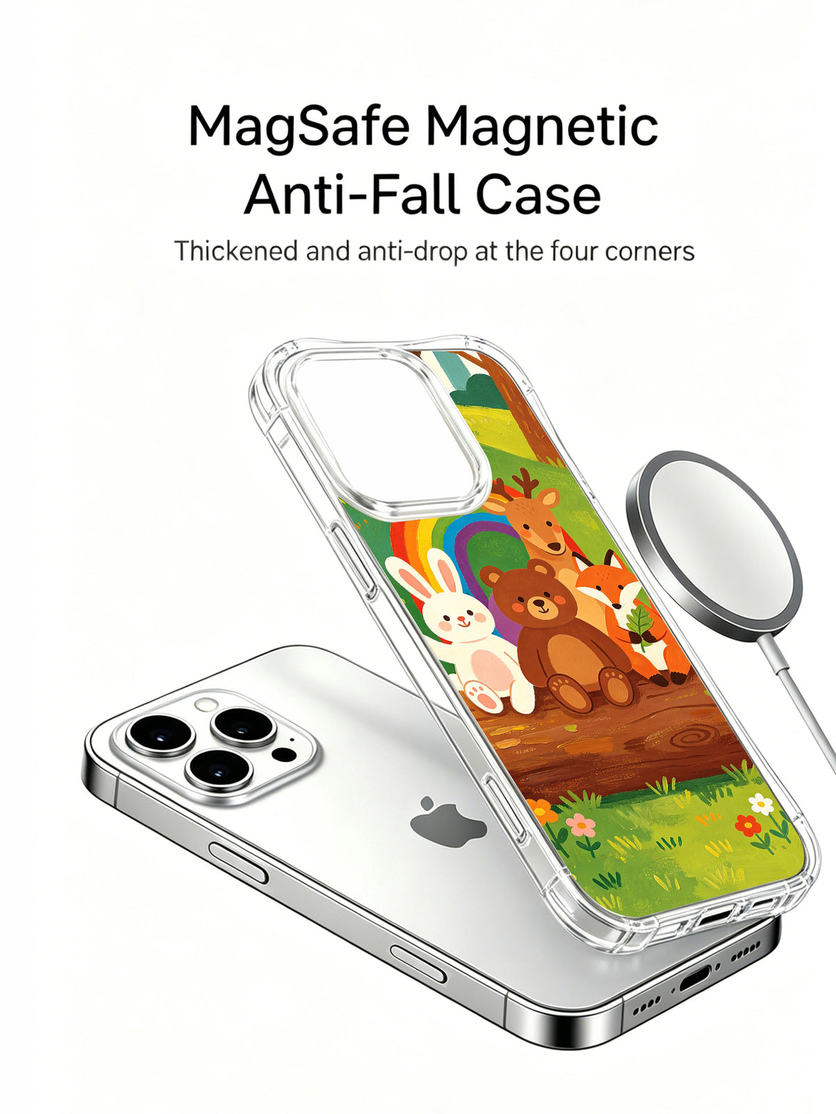 Angled view of Rainbow Animal Friends phone case