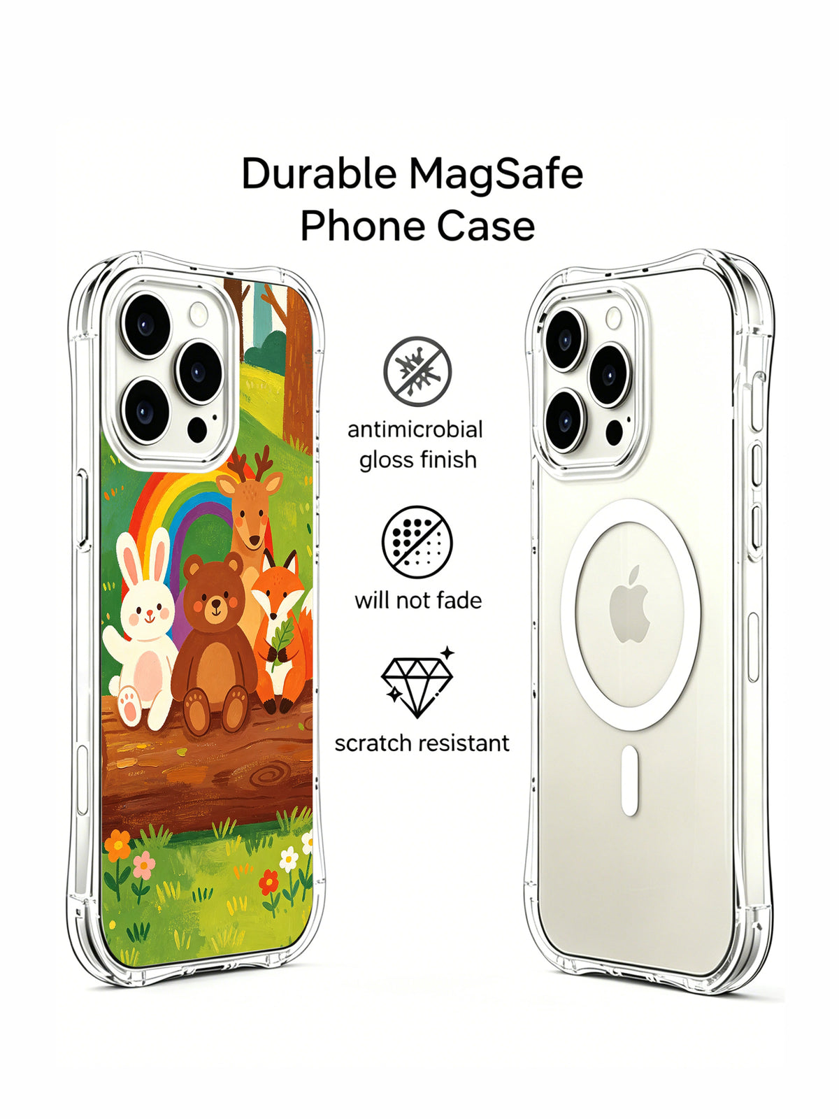Front and side views of woodland friends iPhone 14 Pro Max case
