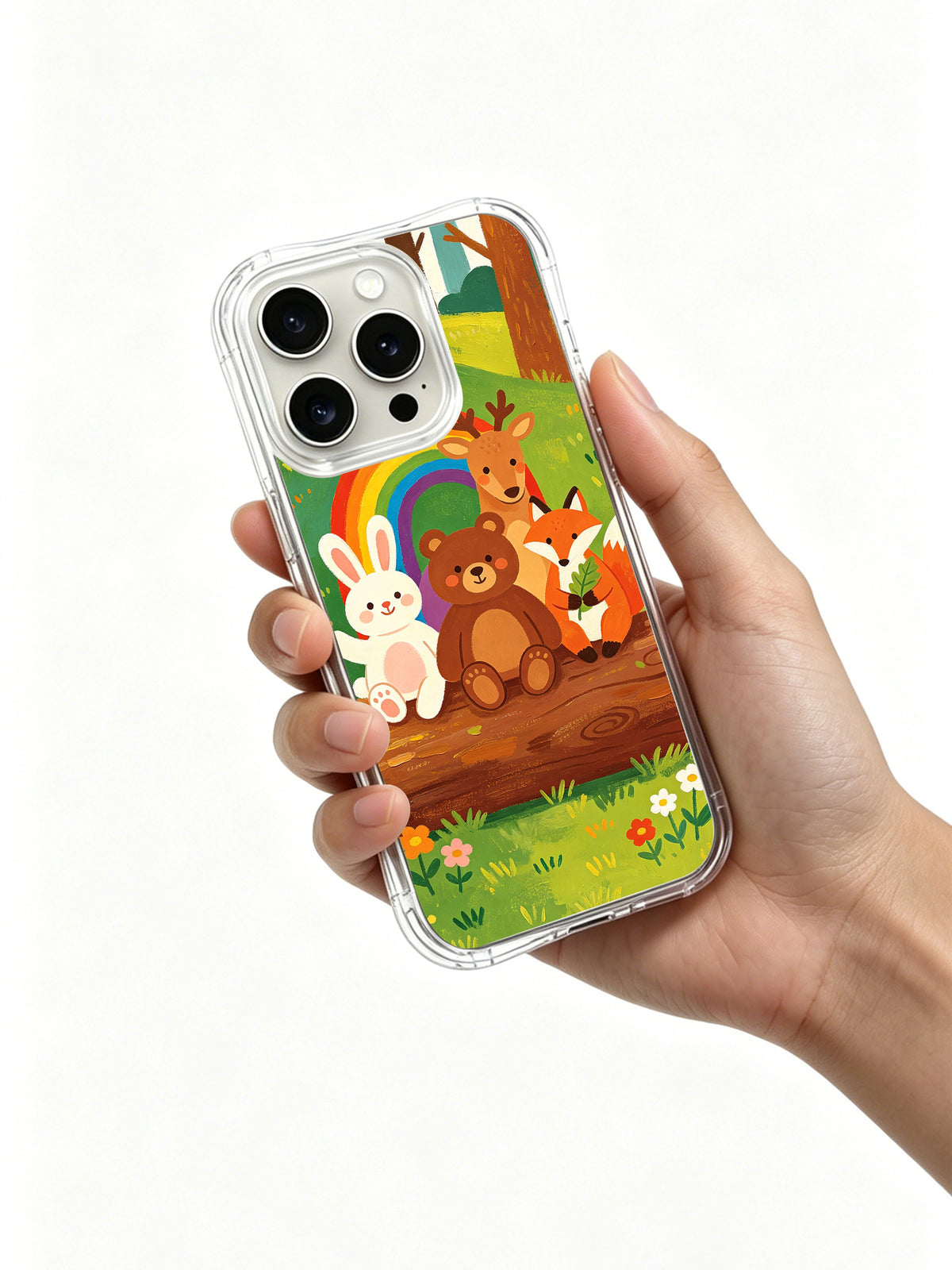 Angled product composition featuring rainbow woodland artwork