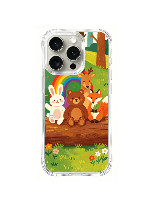 Rainbow Animal Friends iPhone 14 Pro Max case in Rainbow Forest Gathering artwork