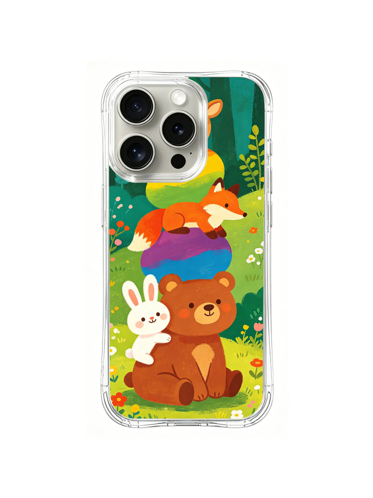 Rainbow Animal Friends iPhone 14 Pro Max case in Fox Over Friends artwork