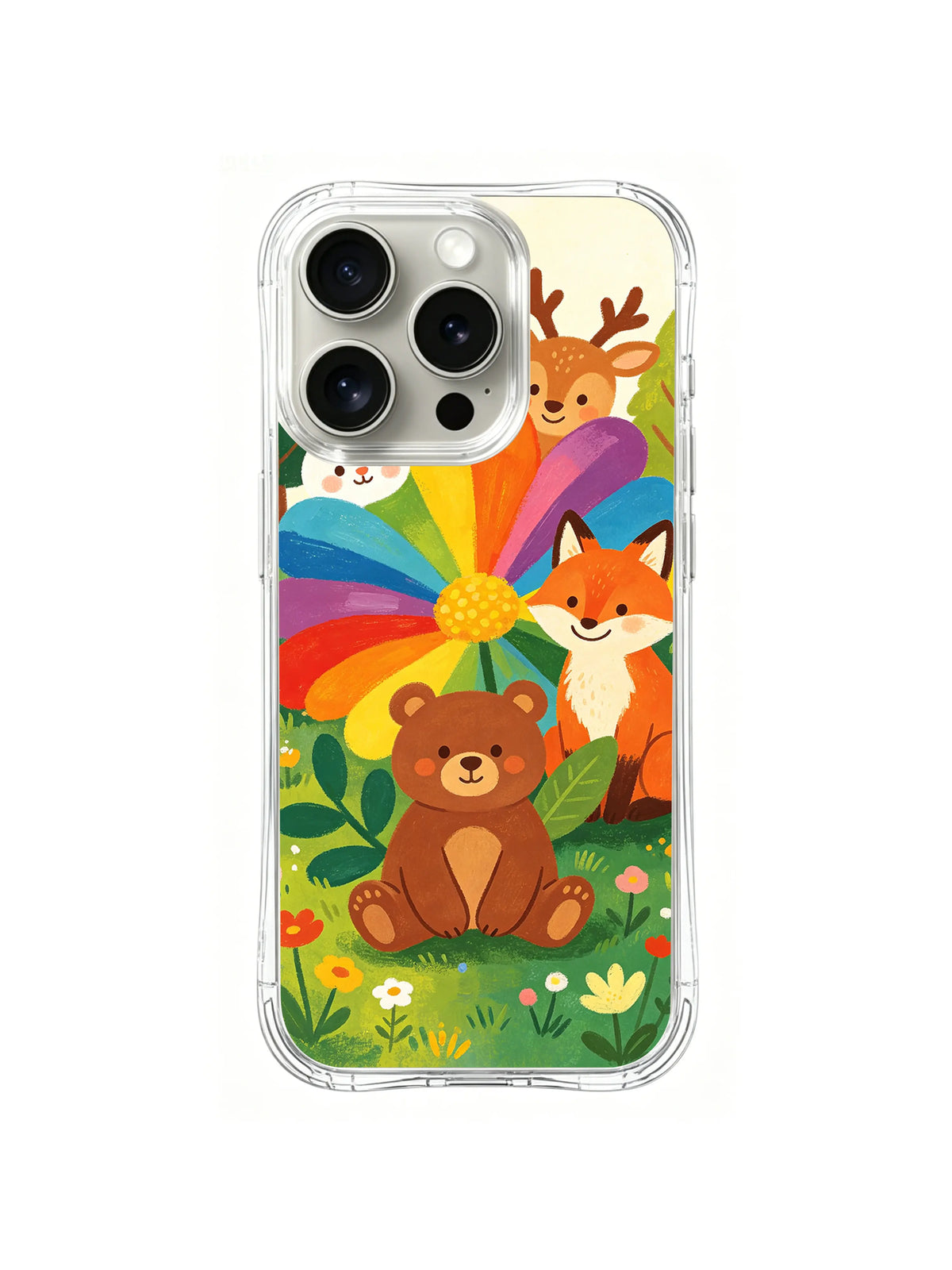 Rainbow Animal Friends iPhone 14 Pro Max case in Sunburst Woodland Circle artwork