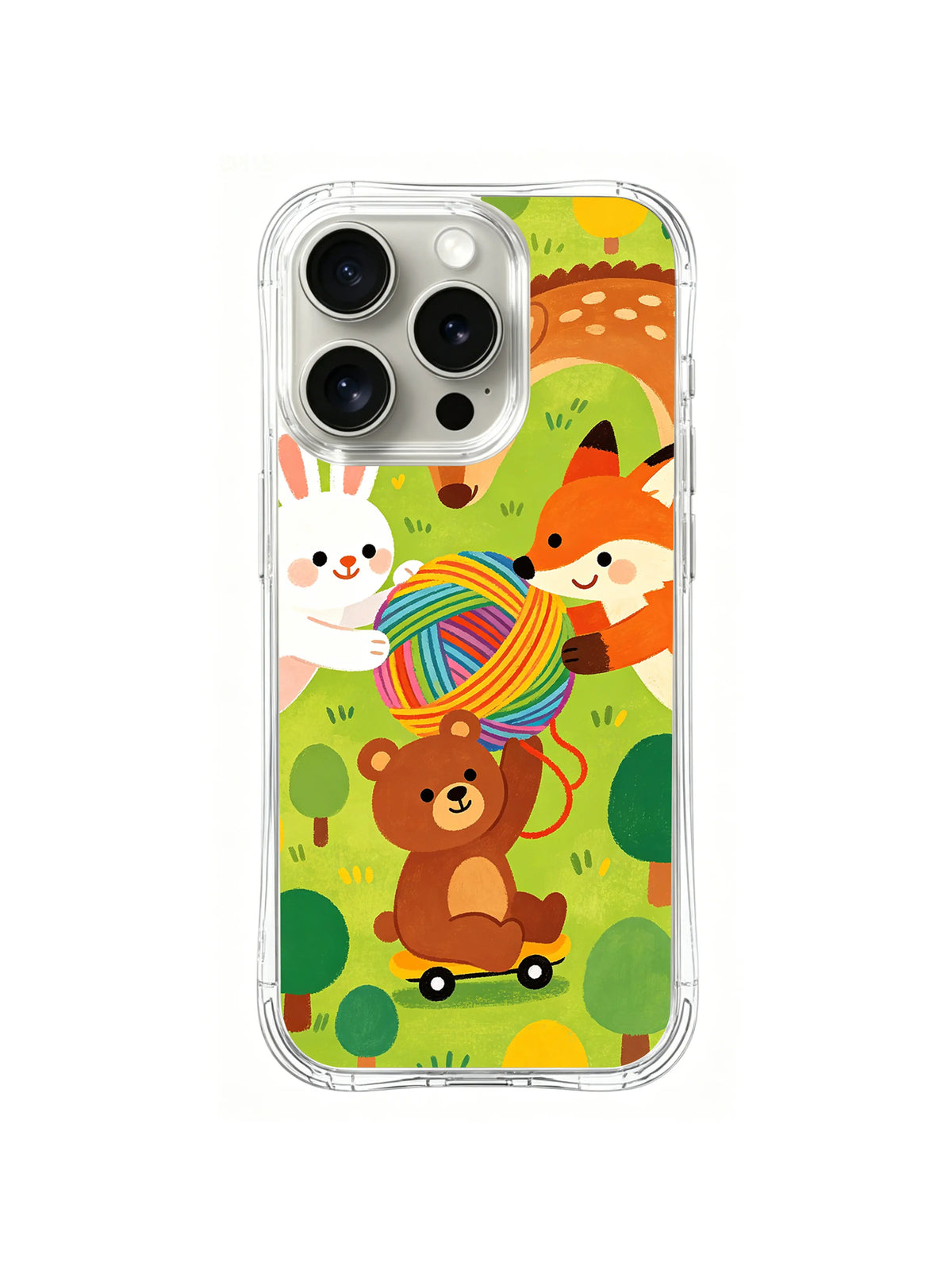 Rainbow Animal Friends iPhone 14 Pro Max case in Rainbow Yarn Trail artwork