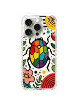 Floral Sun Rainbow Beetle: A rainbow beetle stands among flowers, dots and a yellow sun.