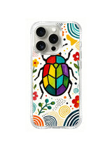 Spiral Meadow Rainbow Beetle: A rainbow beetle is surrounded by small meadow flowers and multicolor spirals.
