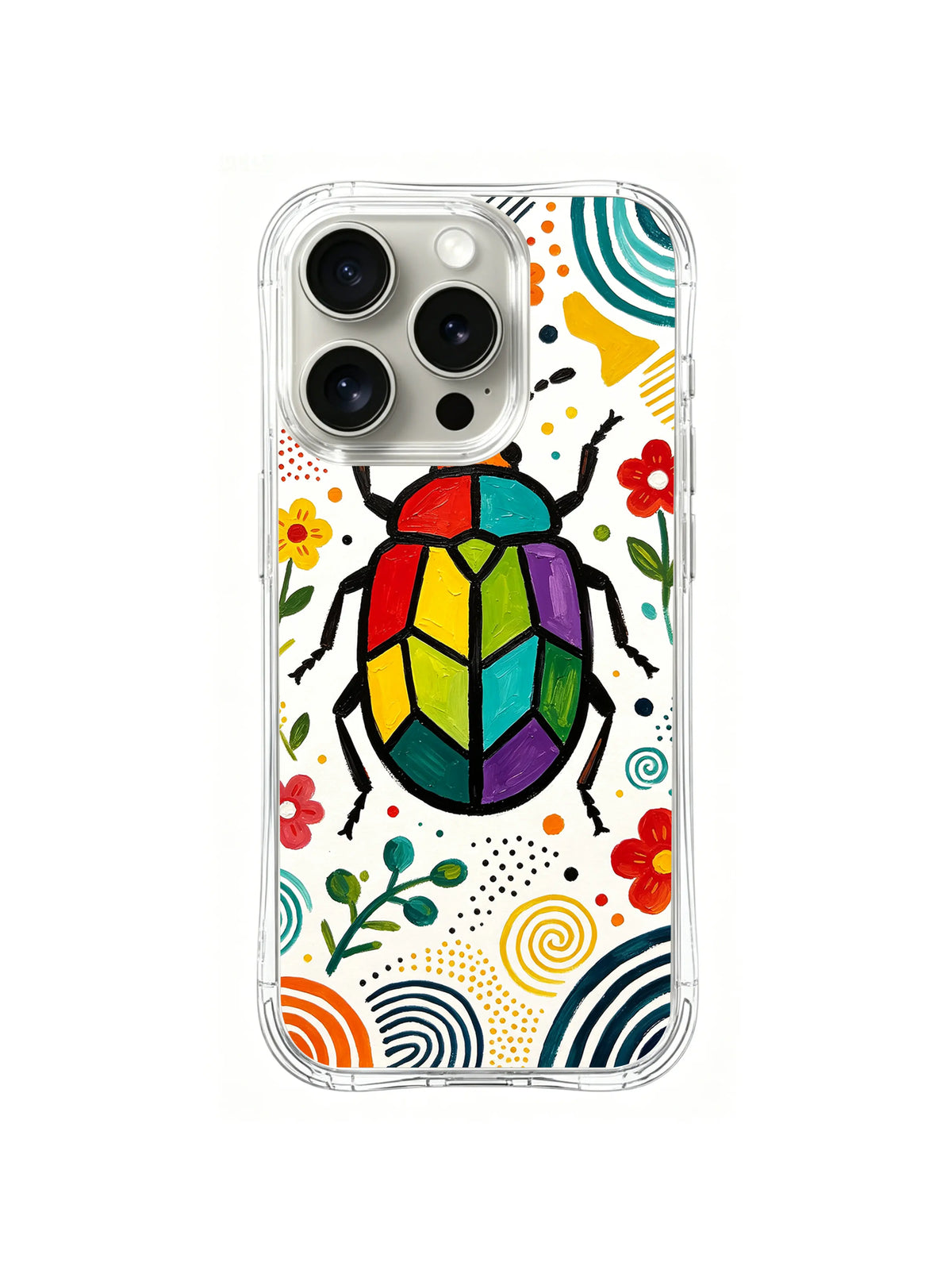 Spiral Meadow Rainbow Beetle: A rainbow beetle is surrounded by small meadow flowers and multicolor spirals.