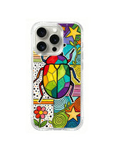 Star Mosaic Rainbow Beetle: A faceted rainbow beetle appears among stars, flowers and colored spirals.