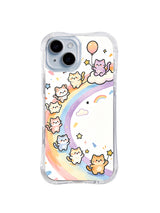 Balloon Rainbow Cat Trail: Küçük pastel kediler bulutlar, balonlar, yıldızlar ve küçük fiyonkların altında kıvrılan gökkuşağını izler.
