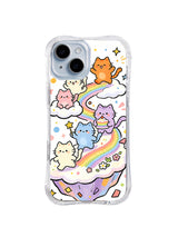 Rainbow Cake Cloud Party: Pastel kediler yıldızlar, çiçekler ve konfetilerle gökkuşağı pastasının çevresindeki bulutlarda toplanır.