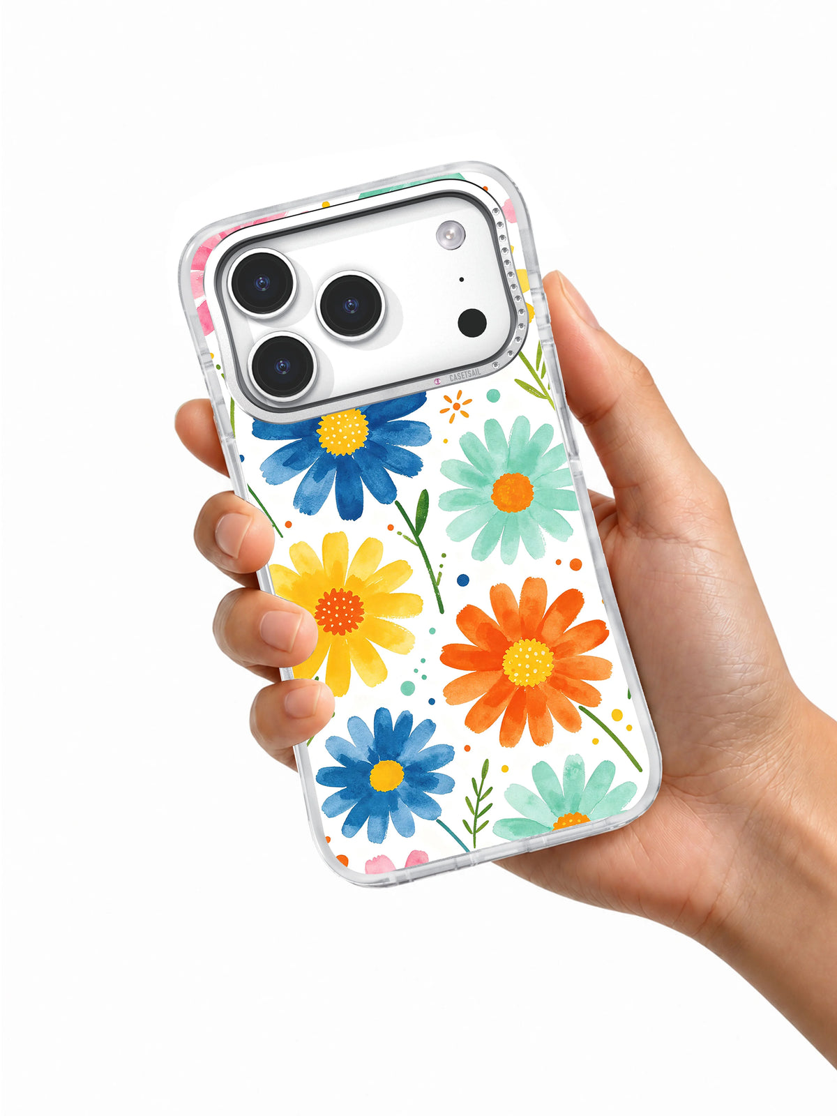 Product or handheld view of the Rainbow Daisy Orchard case