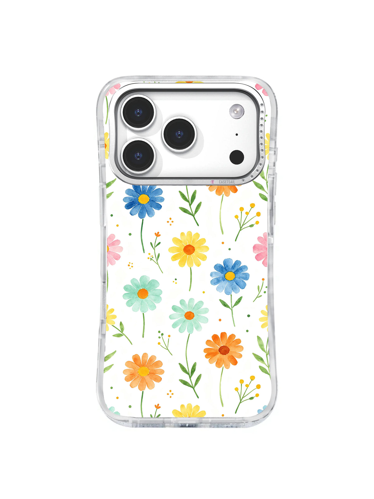 Meadow Daisy Scatter: Small multicolor daisies scatter among fine green stems and tiny sprigs.