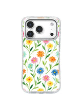 Tall Stem Daisy Garden: Orange, blue, yellow, pink and aqua daisies rise on long green stems.