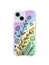 Calm Rainbow Botanicals: Tall black botanical stems with small flowers, hearts and a smiley cross pastel rainbow waves.