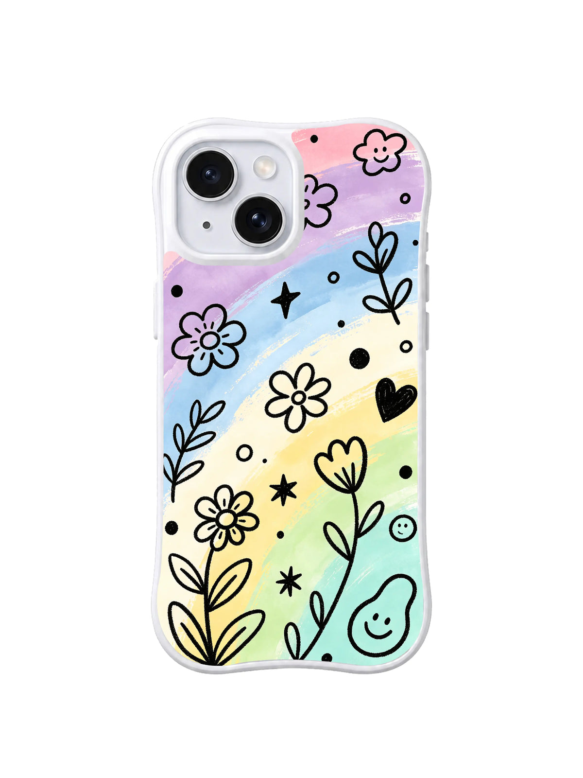 Pastel Feeling Meadow: Thin flower stems, hearts and small faces grow over soft blue, lavender, yellow and green bands.