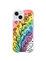 Rainbow Joy Garden: Black-outlined flowers, hearts, stars and smiling faces rise through diagonal rainbow bands.